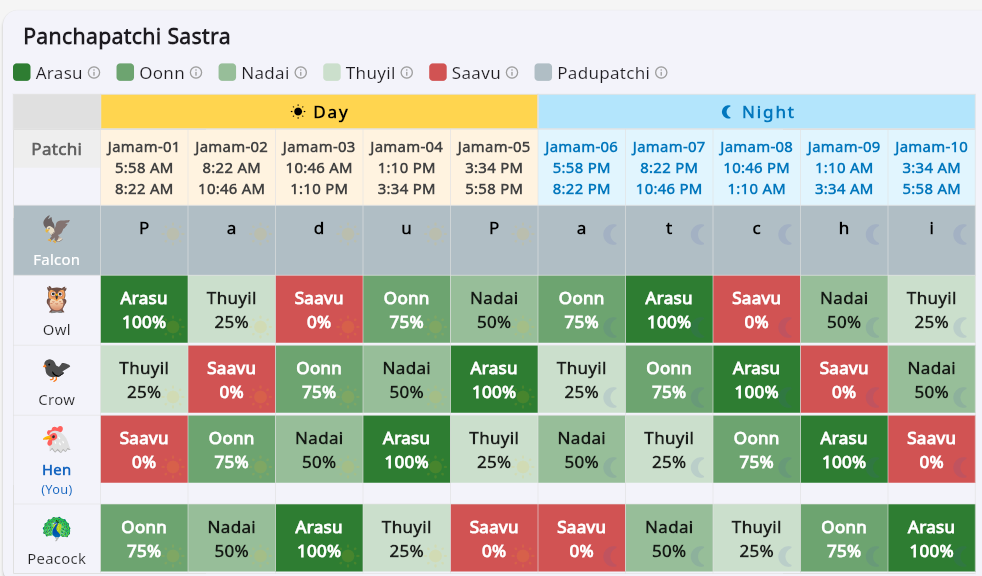 Panchapatchi Sastra daily prediction grid in the English interface — 5 birds across 10 jamams with color-coded success ratings.